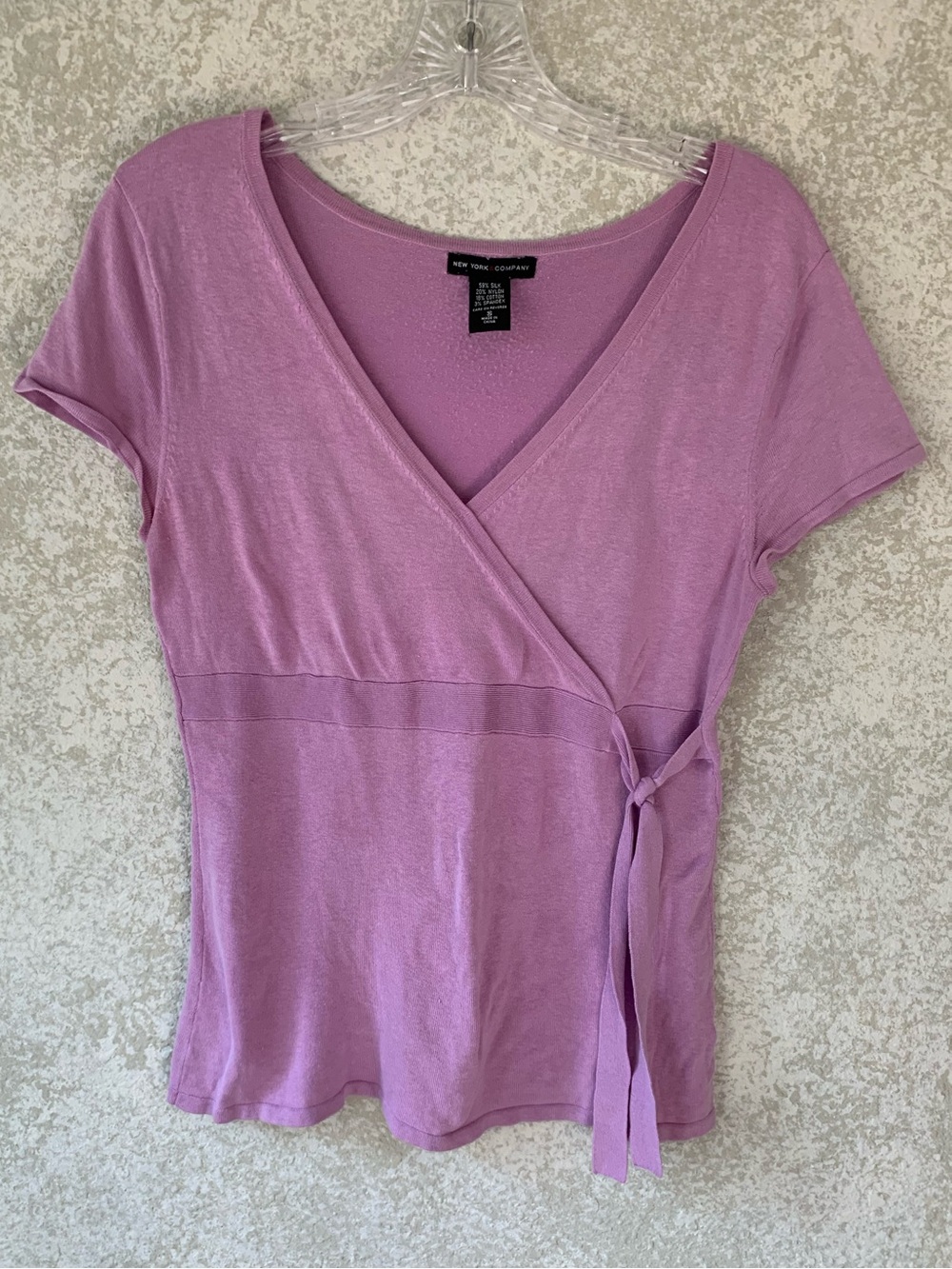New York & Company Lavender Wrap-Front Short Sleeve Top
